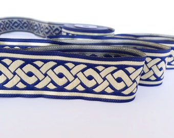 35 mm - 1.25"  spiral style navy blue and gold Jacquard ribbon, knitting pattern border, celtic woven border