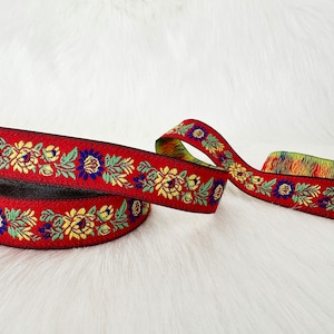 22 mm_ 0.86 inch Red flower Jacquard ribbon, floral costume trim, sewing trim with ribbon