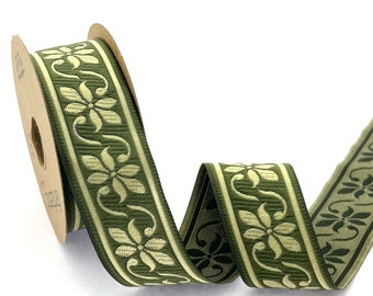 35mm-1.25" green and gold Jacquard trim by yard (meter) in flower printed - Embroidered ribbon - gestickte borte