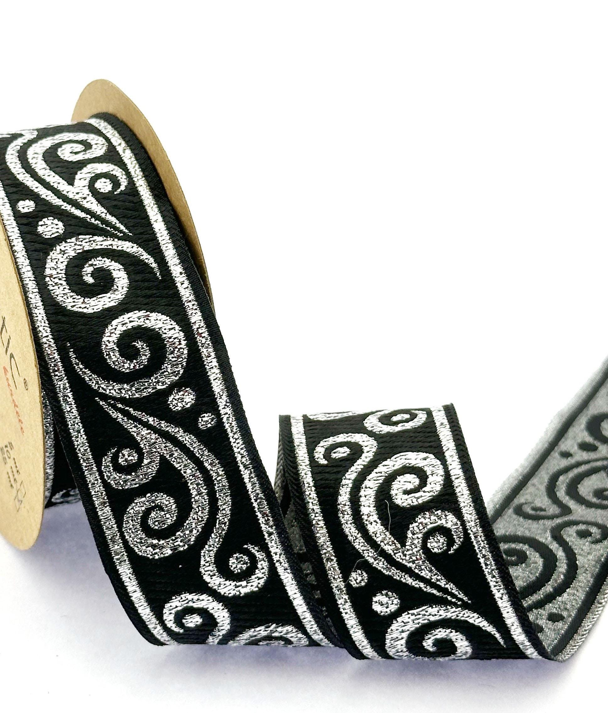 35 mm - 1.25" inches shiny silver and black Jacquard ribbon, authentic Jacquard trim, woven Jacquard border, costume trim