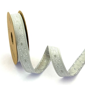 15 mm (5/8 inches) metallic silver Jacquard ribbon, Embroidered border, Sewing trim, silver Jacquard trim,  metallic silver  Woven Border
