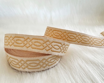 20 mm_ 0.80 inch Celtic Knot jacquard Ribbon, fall ribbon, cream&gold border trim