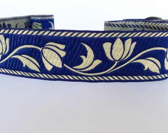 50mm (1+7/8 inch) Floral thick jacquard upholstery trim by the yard, Navy blue and gold sewing woven ribbon, Embroidered fabric trim