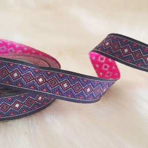 Nastro jacquard geometrico a rombi viola e rosa da 15 mm (5/8 pollici), passamaneria da cucito, nastro jacquard, nastri intrecciati