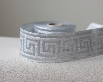 50mm-2 inch wide Metallic ribbon, Sparkly silver trim, Glitter fabric border in Greek key pattern