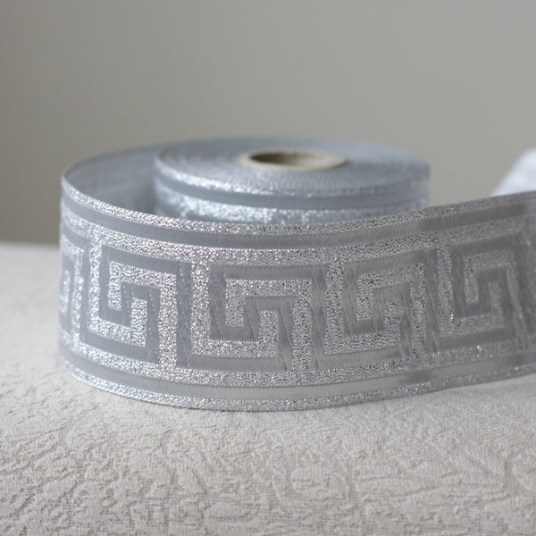 50mm-2 inch wide Metallic ribbon, Sparkly silver trim, Glitter fabric border in Greek key pattern