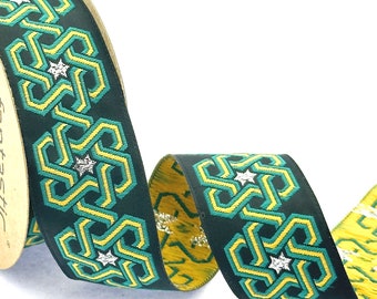 35 mm - 1.25" Stars pattern green&black jacquard ribbon, celtic knot sewing trim
