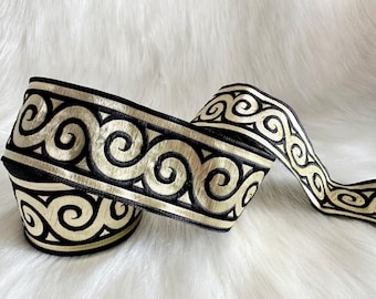 50mm (1+7/8 inch) Scroll pattern large jacquard upholstery trim by the yard, Black and gold sewing woven ribbon, thick scroll trim