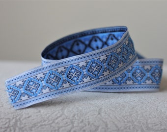 25mm-1 inch blue&white Jacquard ribbon, ethnic trim, Ribbon woven in blue and white pattern border