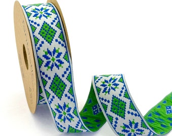 25 mm_1 inches" green&white Jacquard ribbon, ethnic trim, Embroidered border, novelty jacquard, diamond  pattern woven