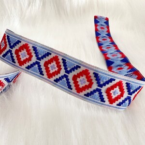 25 mm_ 1 inch Blue&red and white Diamond Jacquard Fabric Trim, by the yard border, hippie ribbon