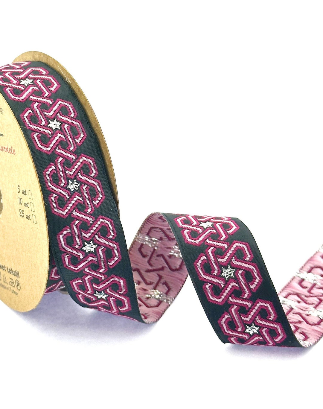 25mm-1 Inch Stars Pattern Pink&black Jacquard Ribbon, Celtic Woven Trim ...