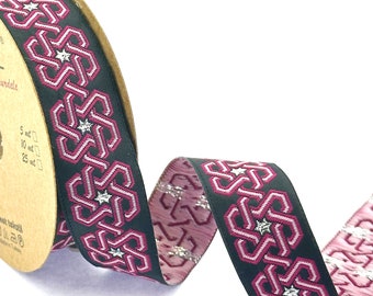 25mm-1 inch Stars pattern pink&black jacquard ribbon, celtic woven trim