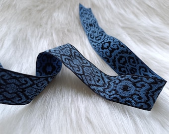 Cinta jacquard azul y negra de 35 mm (1,25"), ribete étnico, tejido jacquard oriental, borde bordado