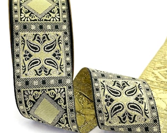 50mm (2 inches)  geometric patterns woven, diamond pattern trim, gold&black ribbon, oriental jacquard trim by the yard