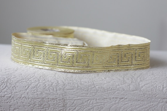 35 mm - 1.25"  metalic gold Jacquard Border, shiny gold embroidered trim, sewing ribbon, Greek key Jacquard trim, ribbon per yard