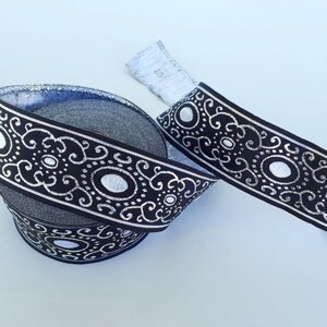 35 mm-1.25 inches metallic silver and black Jacquard ribbon, authentic Jacquard trim, Jacquard border, costume trim