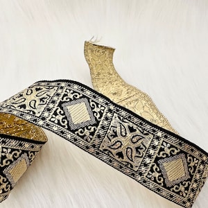 35 mm - 1.25&quot; geometric patterns woven, diamond pattern trim, metalic gold ribbon, oriental jacquard trim by the yard