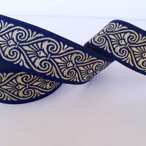 35 mm - 1.25&quot; Navy blue&Gold celtic heart woven border, fall ribbon, royal celtic heart trim, by the yard trim