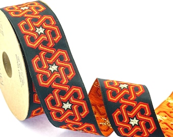 35 mm - 1.25" Stars pattern orange&black jacquard ribbon, celtic knot sewing trim