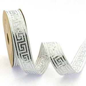 25mm-1 inch White&Shiny Silver sewing trim with metallic silver greek key by the yard, greek key border