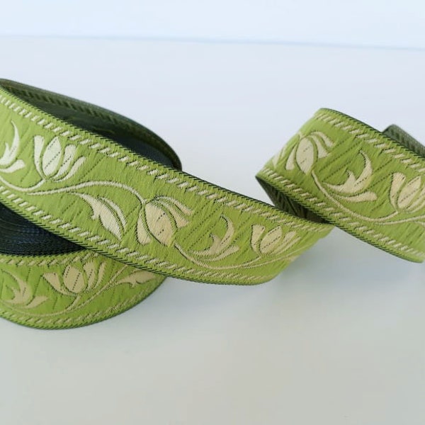 35 mm - 1.25" green&gold Jacquard border, embroider jacquard ribbon, floral pattern trim, tulip motive trim