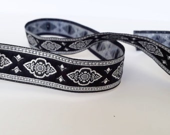 25mm-1 inches exotic ethnic black and silver jacquard ribbon, woven jacquard trim in black color by the meter