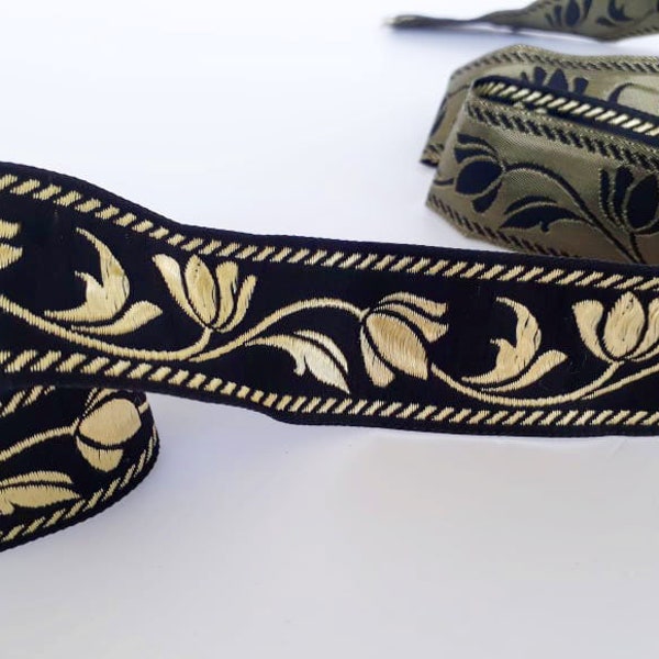 35 mm - 1.25" black&gold Jacquard border, embroider jacquard ribbon, flower pattern trim, tulip motive trim