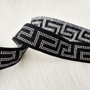28mm ( 1.10 inch ) Black& Shiny Silver sewing trim with metallic silver greek key by the yard, greek key bordur