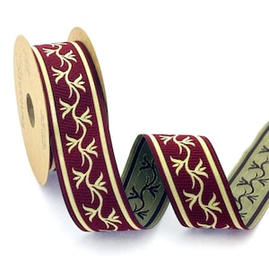 35 mm - 1.25&quot; burgundy and gold Jacquard ribbon, Flower Branch trim, Flower jacquard border