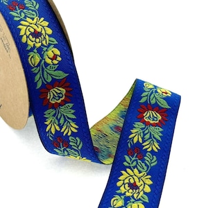 35 mm - 1.25&quot; Blue flower Jacquard ribbon, floral costume trim, sewing trim with ribbon