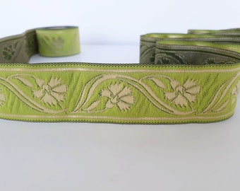 35mm-1.25" green and gold Jacquard trim by yard (meter) in flower printed - Embroidered ribbon - gestickte borte