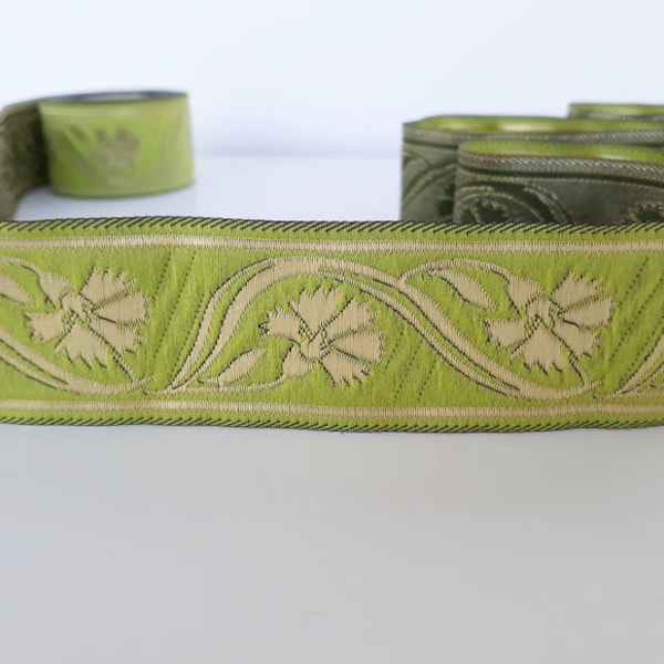 35mm-1.25" green and gold Jacquard trim by yard (meter) in flower printed - Embroidered ribbon - gestickte borte