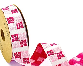 25mm-1 inch pink&white leaf pattern trim, Square Geometric ribbon, jacquard border, Square pattern ribbon