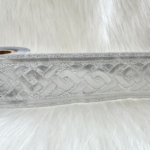 50mm (2 inches)  spiral style shiny silver Jacquard ribbon, knitting pattern border, metalic celtic woven border