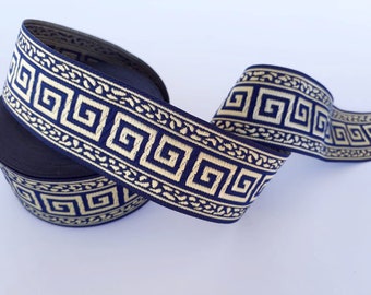 35 mm- 1.25"  navy blue and gold jacquard greek key border by the yard, Fabric Greece key trim