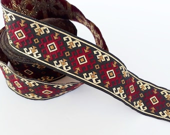 35 mm - 1.25&quot; red&black Jacquard ribbon, ethnic trim, Ribbon woven in pattern border, ukrainian embroidery