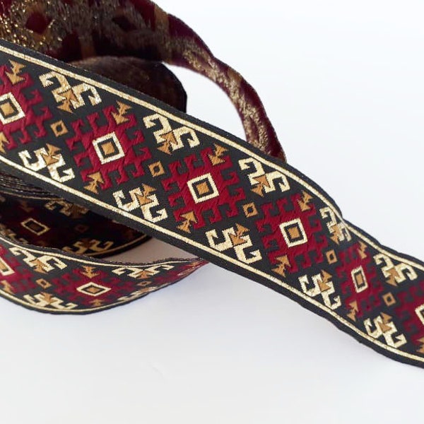 35 mm - 1.25" red&black Jacquard ribbon, ethnic trim, Ribbon woven in pattern border, ukrainian embroidery