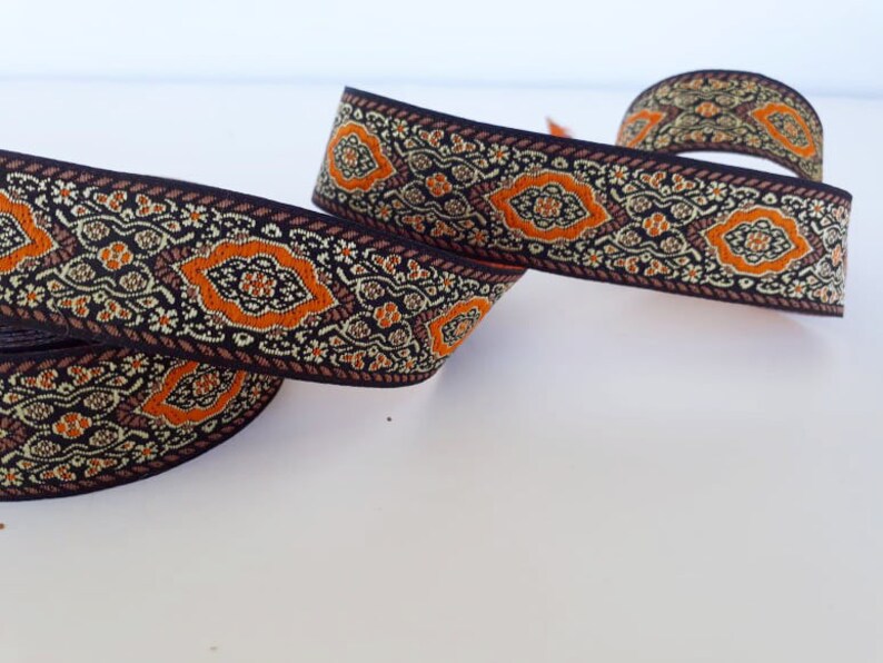 25mm-1 inch Jacquard ruban in orange/&brown colors Drapery border embroidered boho Turkish kilim trim