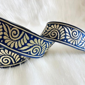 35 mm - 1.25&quot; Navy blue&gold  heart woven border, fall ribbon, royal celtic heart trim, by the yard trim