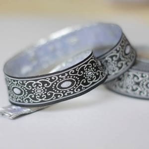 22 mm-0.86 inches metallic silver Jacquard ribbon, authentic Jacquard border,  scroll jacquard trim