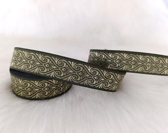 22 mm_ 0.86 inch green&gold Heart Jacquard ribbons, Heart embroidered ribbon, Jacquard trim
