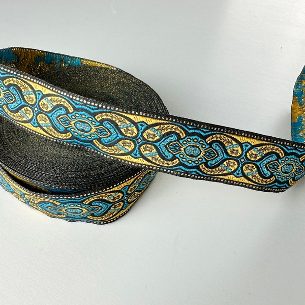 25mm-1 inches Blue&Gold jacquard ribbon, ethnic trim, oriental jacquard woven, embroider border, woven fabric trim