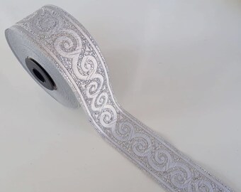 35 mm - 1.25" scroll pattern shiny silver jacquard ribbon,  Sparkly silver Border, Glitter metallic trim