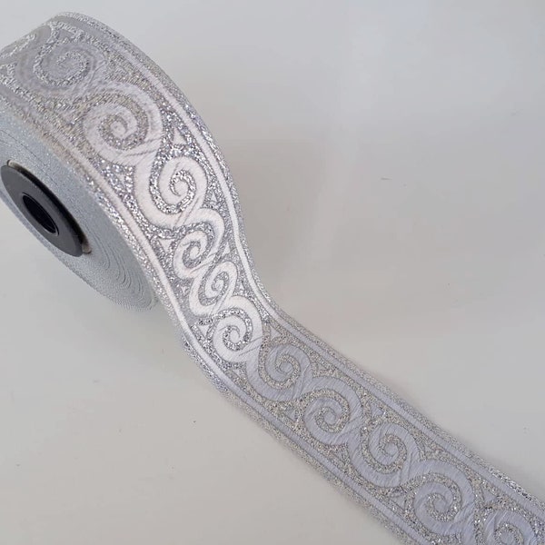 35 mm - 1.25" scroll pattern shiny silver jacquard ribbon,  Sparkly silver Border, Glitter metallic trim