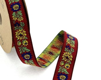 22 mm_ 0.86 inch Burgundy flower Jacquard ribbon, floral costume trim, sewing trim with ribbon