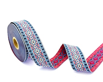 35 mm - 1.25" diamond border, geometric jacquard trim, ethnic jacquard ribbon, multicolor embroider border