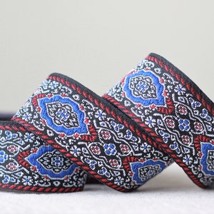 Nastro jacquard da 25 mm-1 pollice nei colori blu e rosso, rifinitura kilim turca, bordo drappeggiato ricamato boho