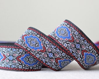 25mm-1 inch Jacquard ruban in blue red colors, Turkish kilim trim, Drapery border embroidered boho