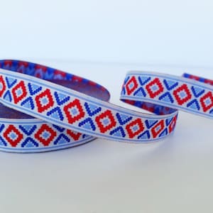 15 mm (5/8 pollici) Passamaneria jacquard nativa in blu, rosso e bianco, nastro tribale azteco a rombo, bordo etnico in grosgrain in stile boho